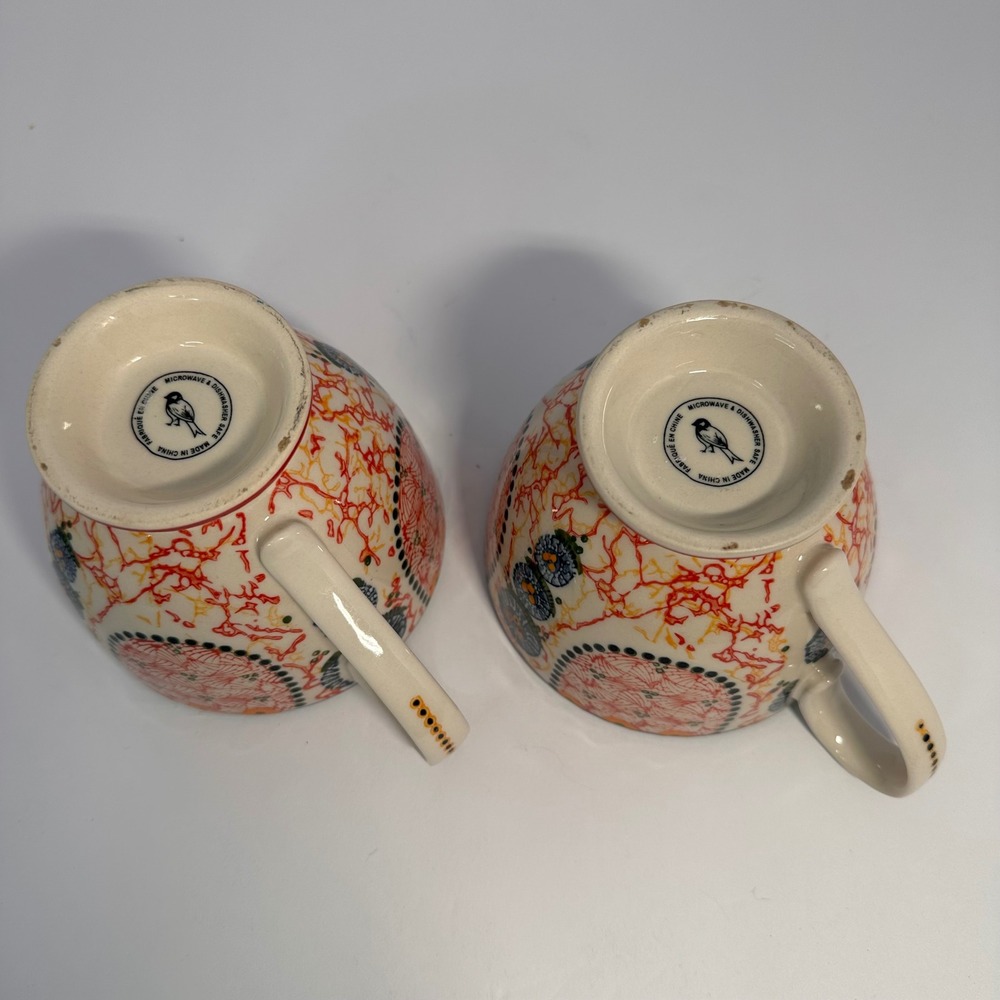 Anthropologie Bird Logo Footed‎ Mugs Set of 2 Multicolor Folk Art Ceramic Cups - Picture 5 of 6